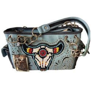 NWT Montana West Concealed Cow Beaded Carry Handgun Purse Handbag M Blue Western